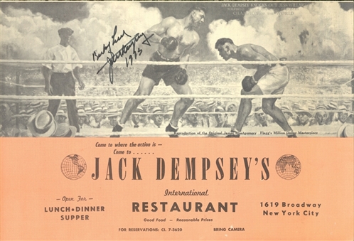 1973 Jack Dempsey Autographed and Inscribed Restaurant Menu (PSA/DNA)